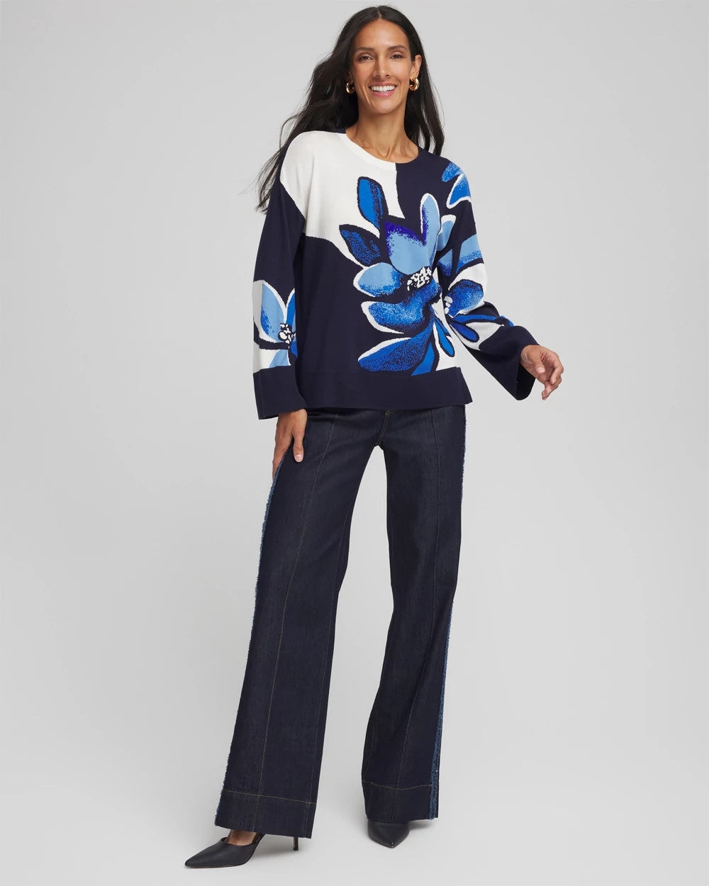 Chico's Discount - Floral Intarsia Crewneck Pullover