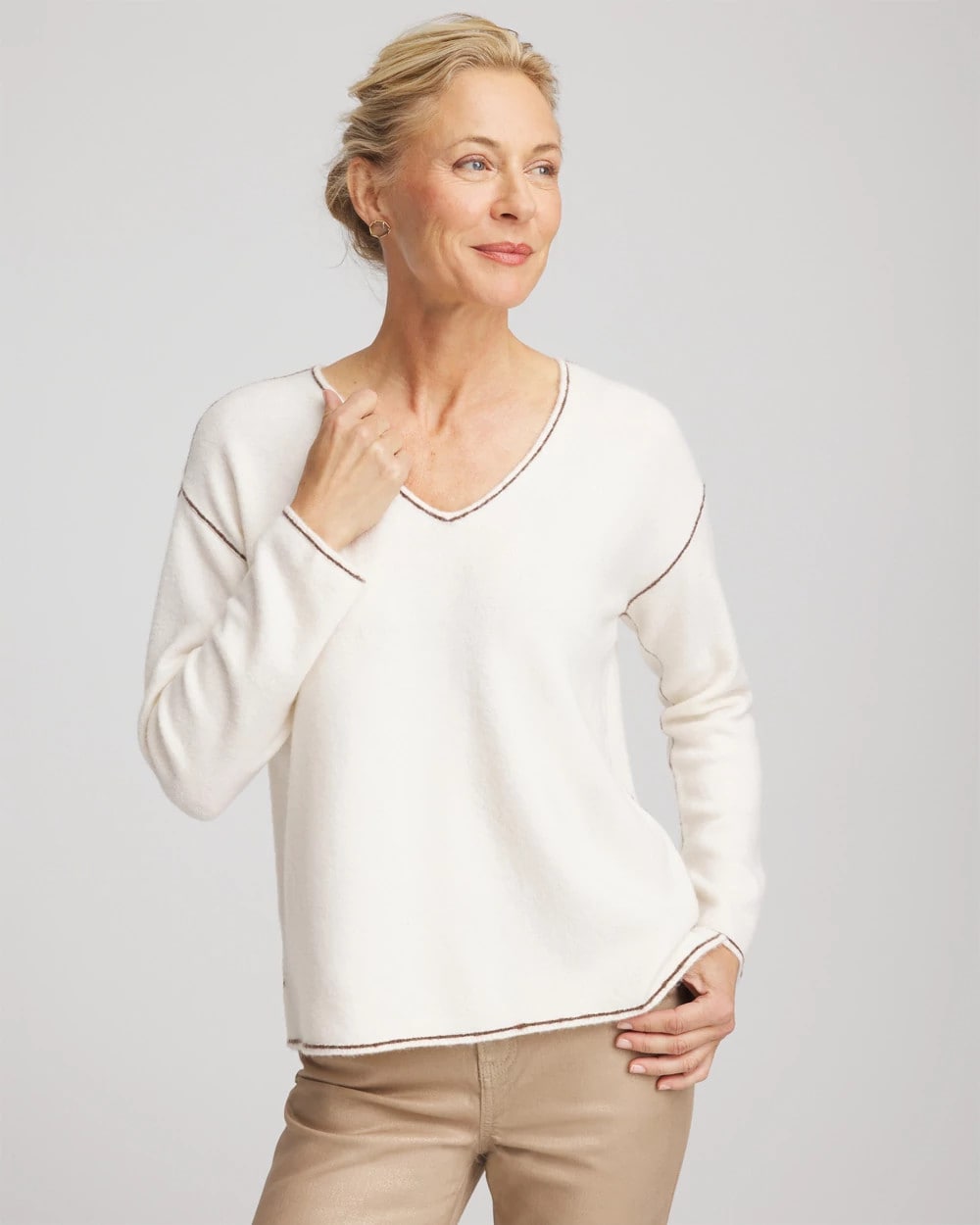 Chico's Sale - Contrast Stitch V-Neck Sweater