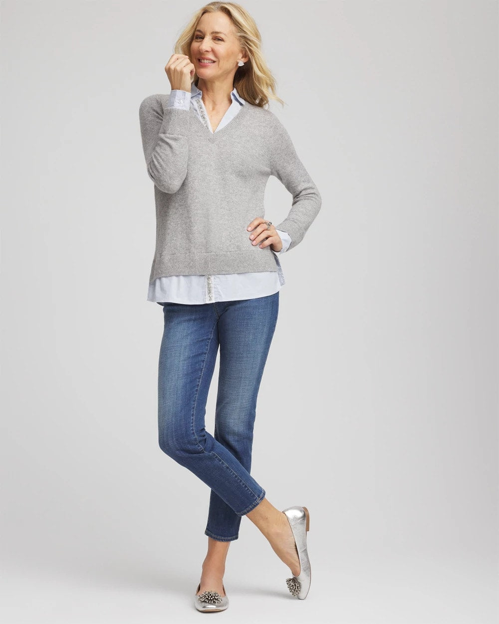 Chico's US - Sequin Built-In Shirt Knit Sweater