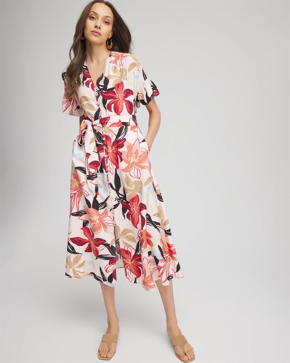 Chico's Online - Tonal Floral Ruffle-Sleeved Midi Dress