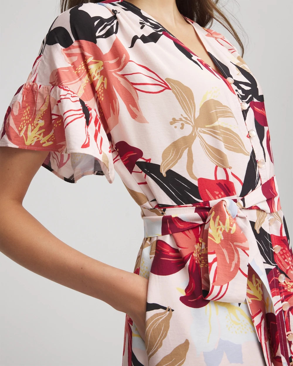Chico's Online - Tonal Floral Ruffle-Sleeved Midi Dress