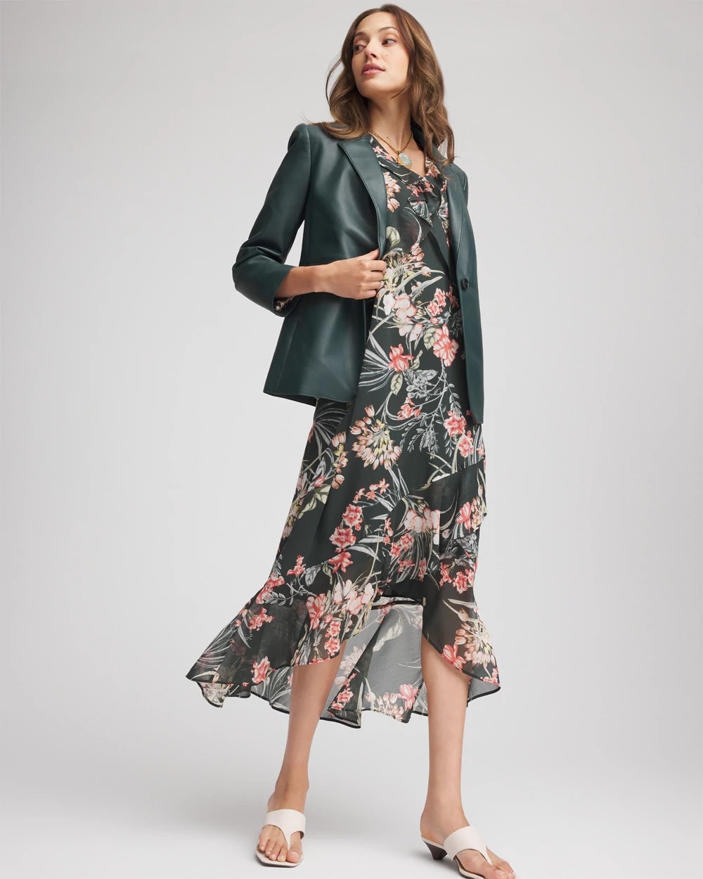 Chico's Discount - Floral Ruffle-Trim Chiffon Dress