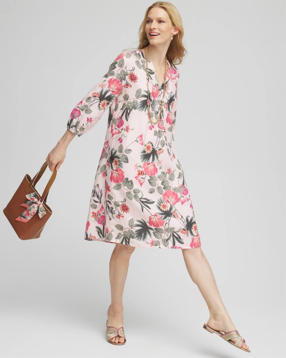 Chico's Outlet - Floral Linen Pintuck 3/4 Sleeved Dress