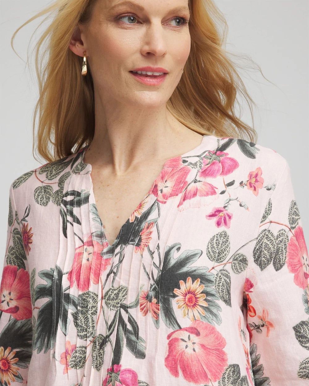 Chico's Outlet - Floral Linen Pintuck 3/4 Sleeved Dress