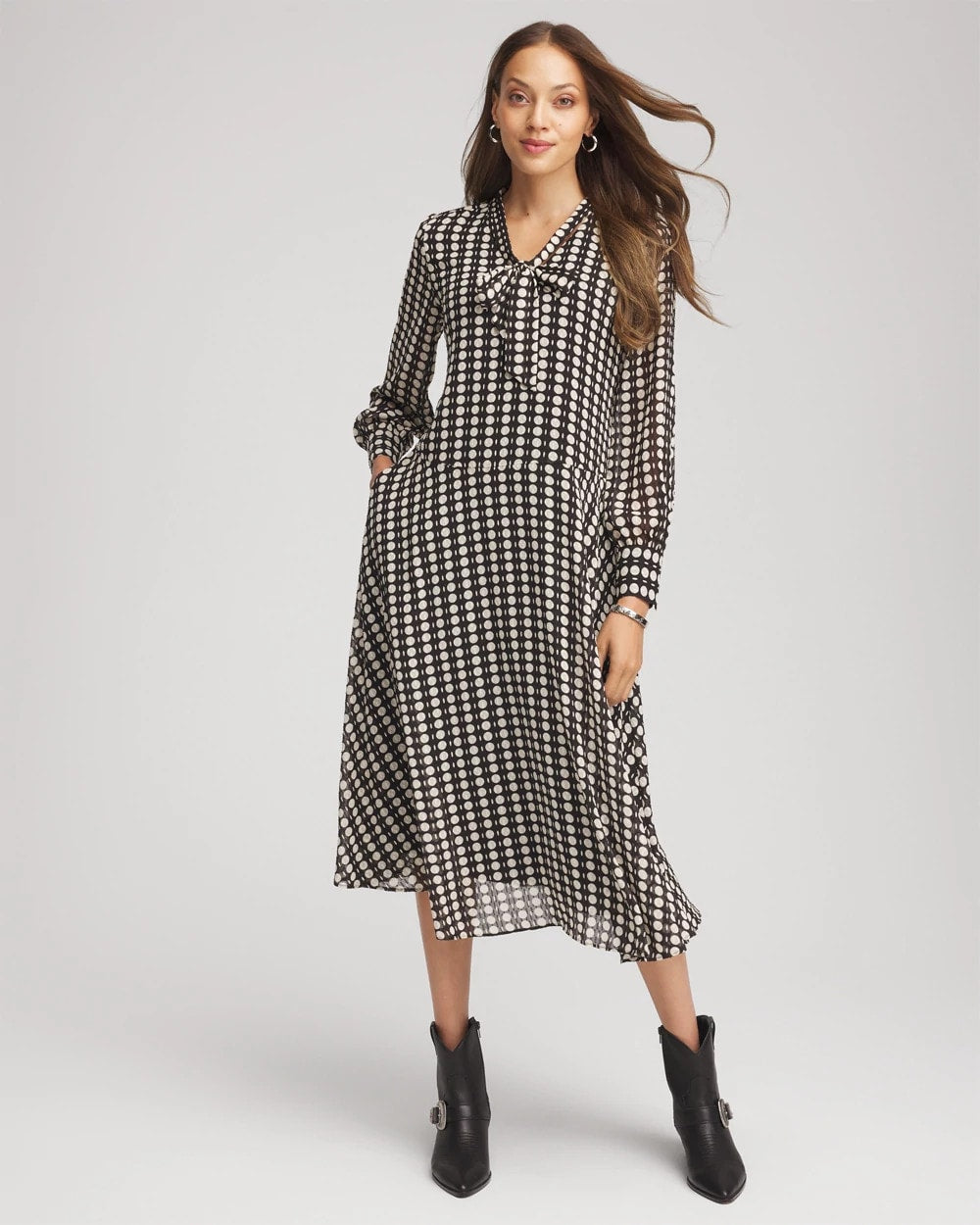 Chico's Sale - Chiffon Clip-Dot Tie-Neck Dress