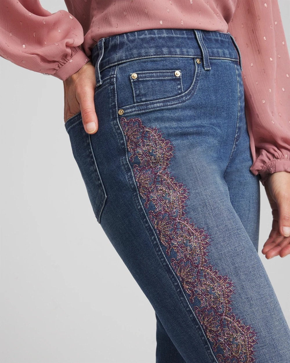 Chico's Discount - Lace Embroidered Pull-On Straight Jeans