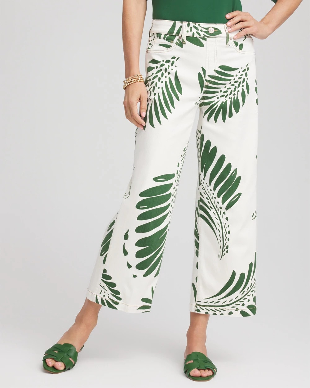 Chico's US - Palm-Frond-Motif Pull-On Wide-Leg Cropped Jeans