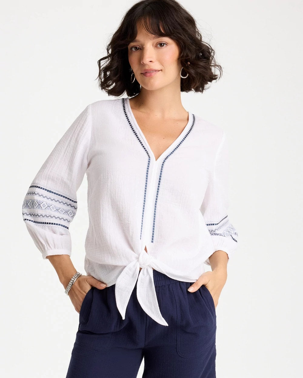 Chico's For Sale - Cotton Gauze Embroidered Tie-Front Blouse