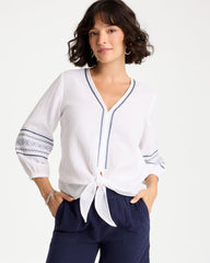 Chico's For Sale - Cotton Gauze Embroidered Tie-Front Blouse