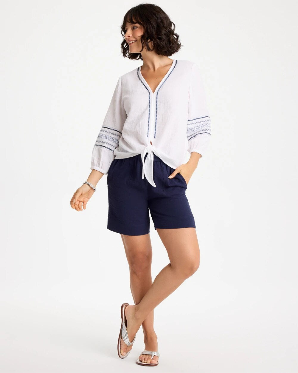 Chico's For Sale - Cotton Gauze Embroidered Tie-Front Blouse