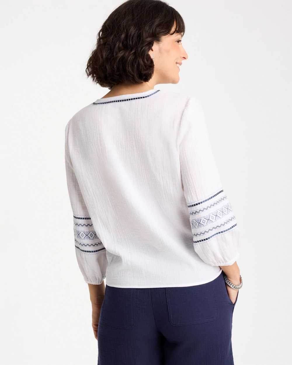 Chico's For Sale - Cotton Gauze Embroidered Tie-Front Blouse