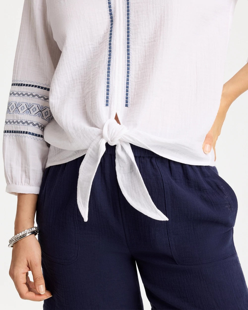 Chico's For Sale - Cotton Gauze Embroidered Tie-Front Blouse