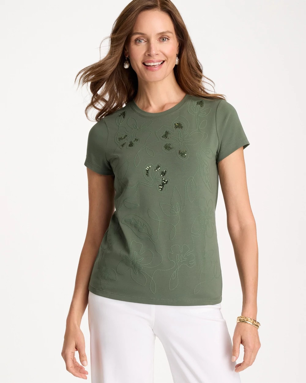 Chico's Outlet - Embellished Cotton Stretch Cap-Sleeve Tee