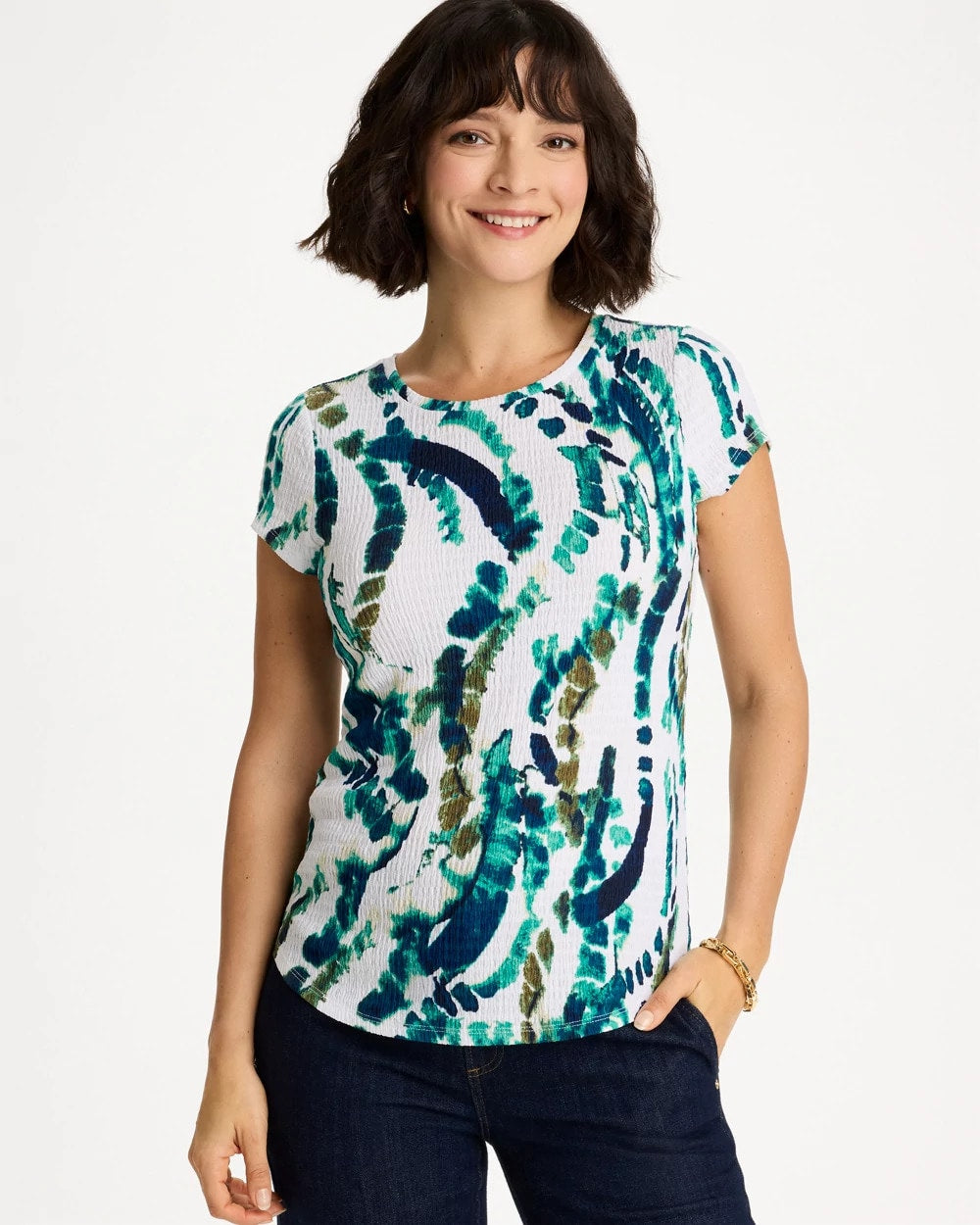 Chico's / Printed Textured Knit Cap Sleeve Tee