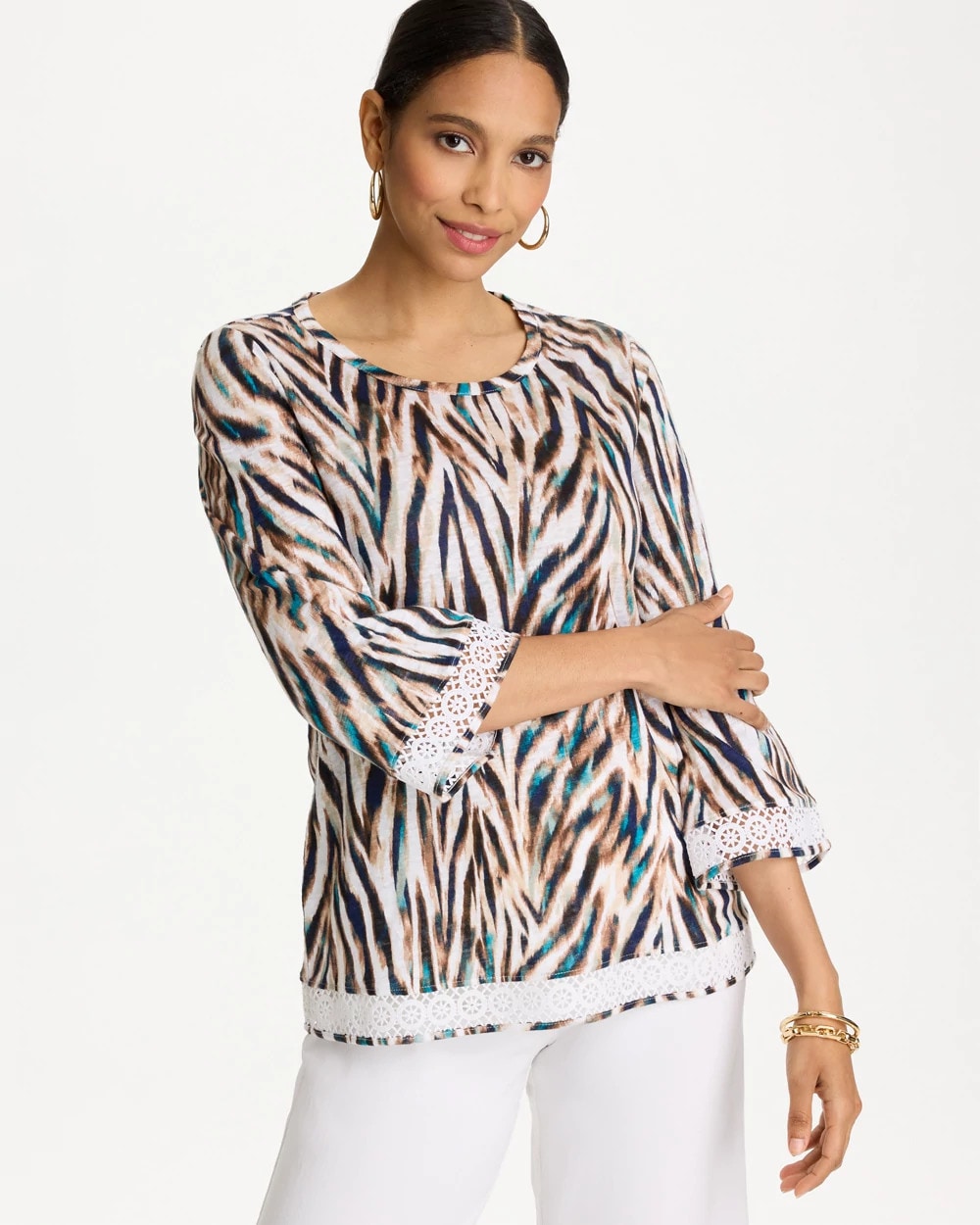 Chico's Discount - Tiger Linen Crochet Lace Tee