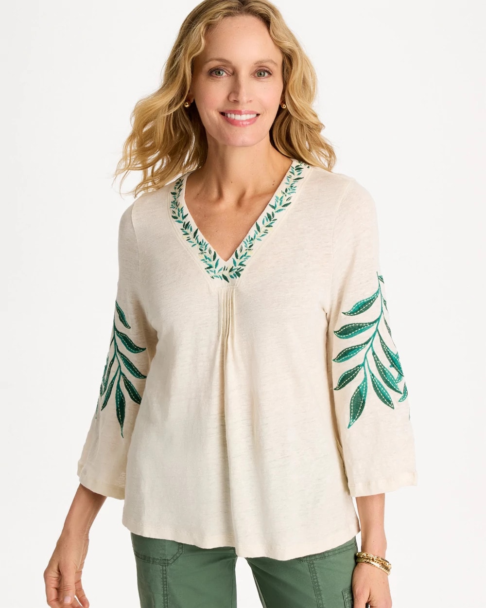 Chico's For Sale - Linen Palm Embroidered Pleated Tee