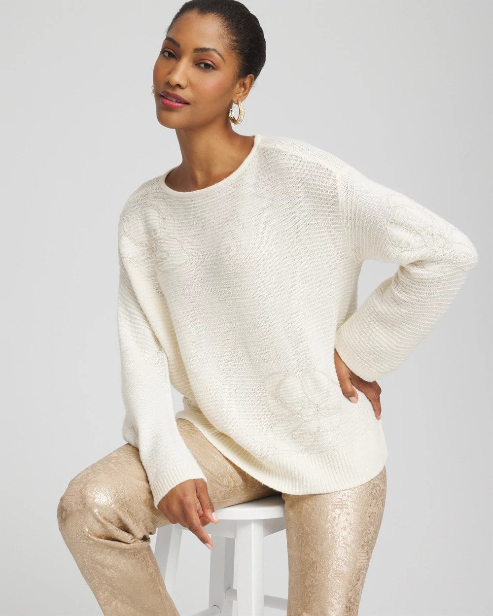 Chico's / Tonal Embroidered Boatneck Pullover Sweater