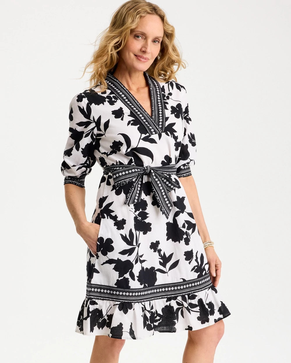 Chico's US - Floral Cotton-Linen Belted Dress