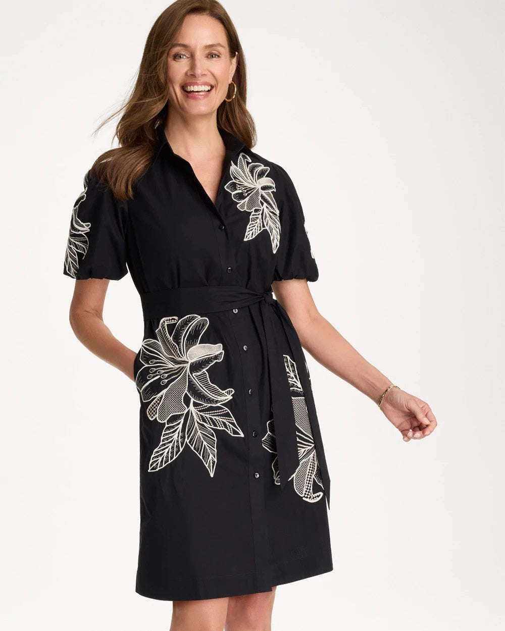 Chico's For Sale - Embroidered Poplin Cotton Belted Dress