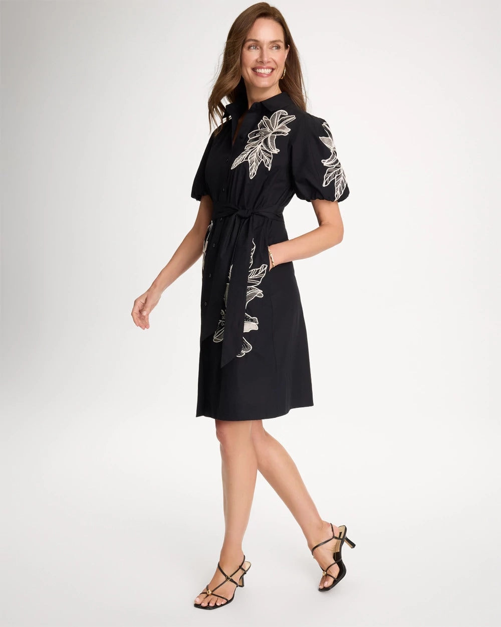 Chico's For Sale - Embroidered Poplin Cotton Belted Dress