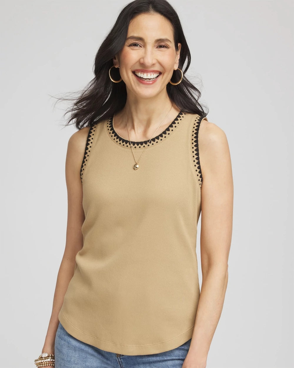 Chico's Discount - Contrast-Trim Ribbed Cotton Tank Top