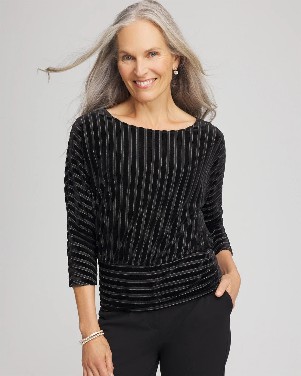Chico's Sale - Velvet Burnout Stripe Banded-Bottom Top