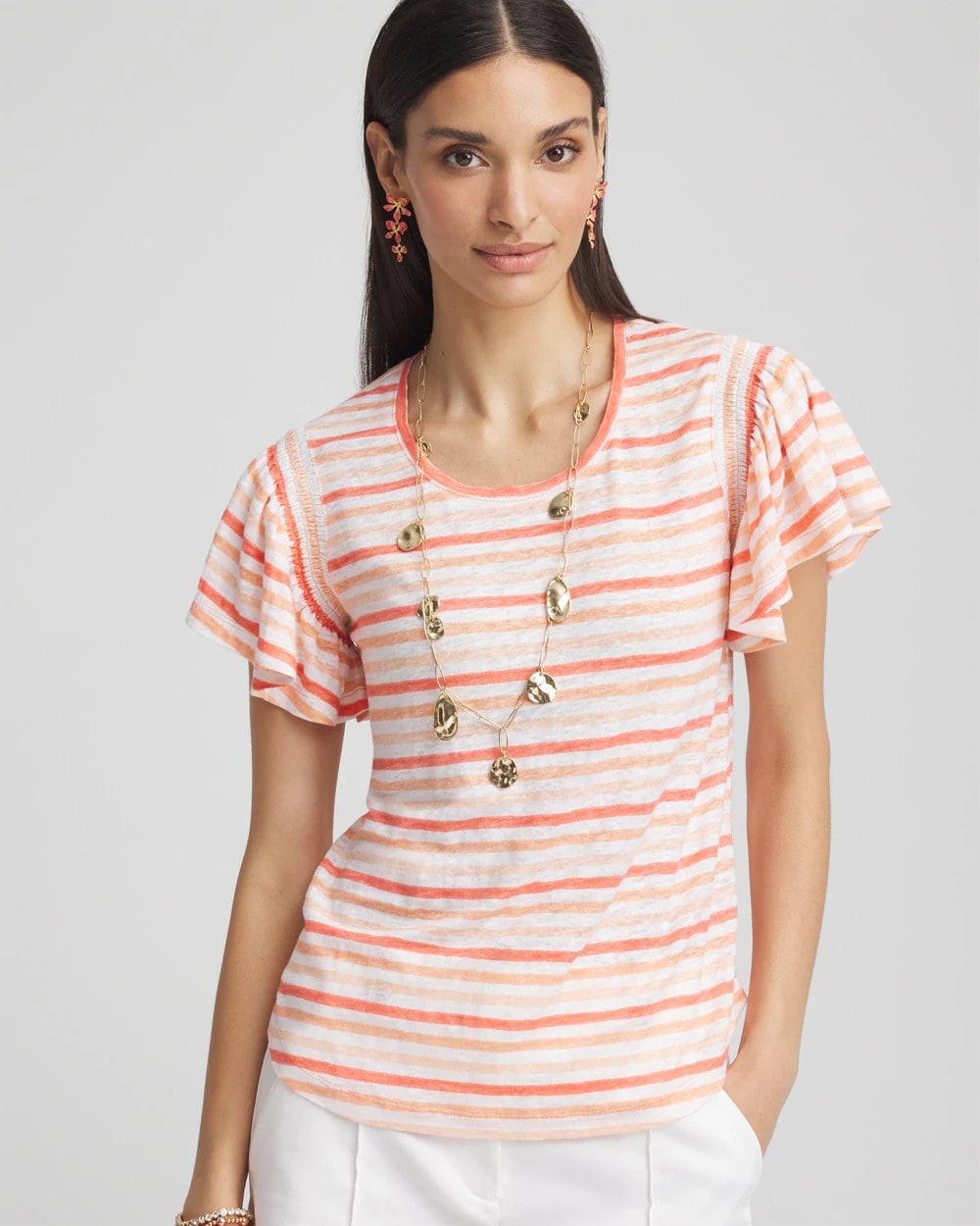 Chico's On Sale - Striped Linen Smocked Flutter-Sleeved Tee