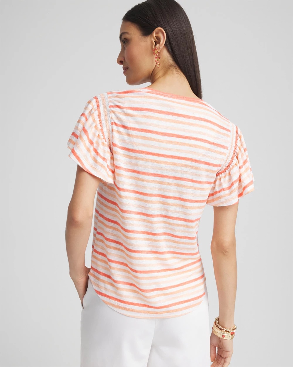 Chico's On Sale - Striped Linen Smocked Flutter-Sleeved Tee
