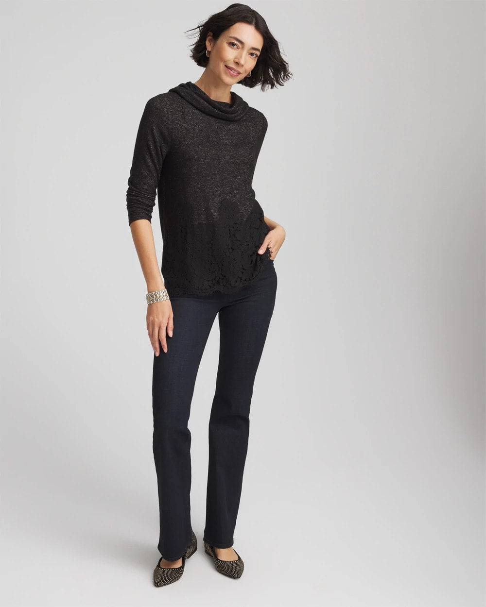 Chico's Discount - Lace Hem Cowlneck Top