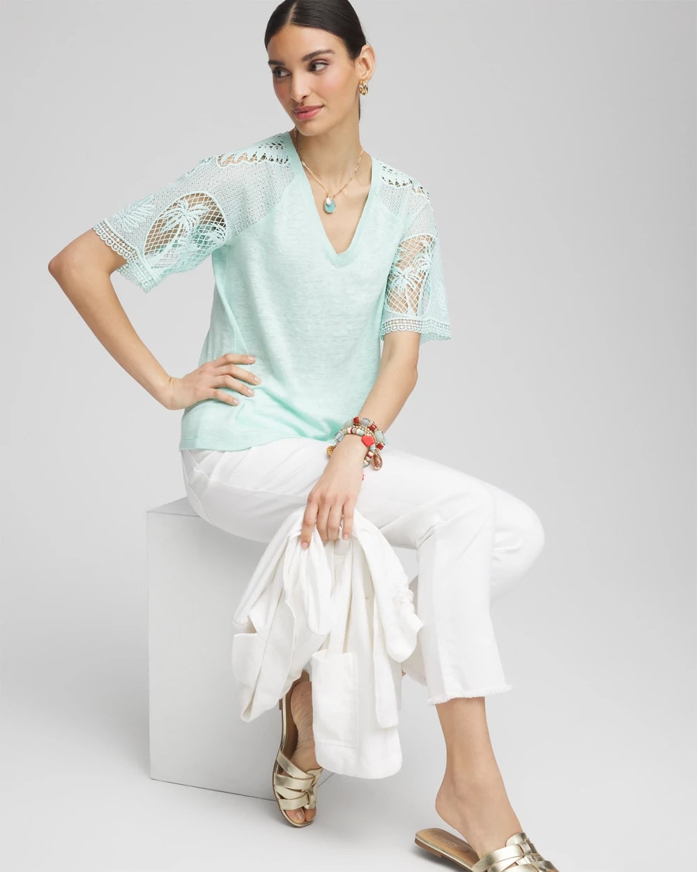 Chico's On Sale - Linen Crochet Lace Short Sleeve Tee