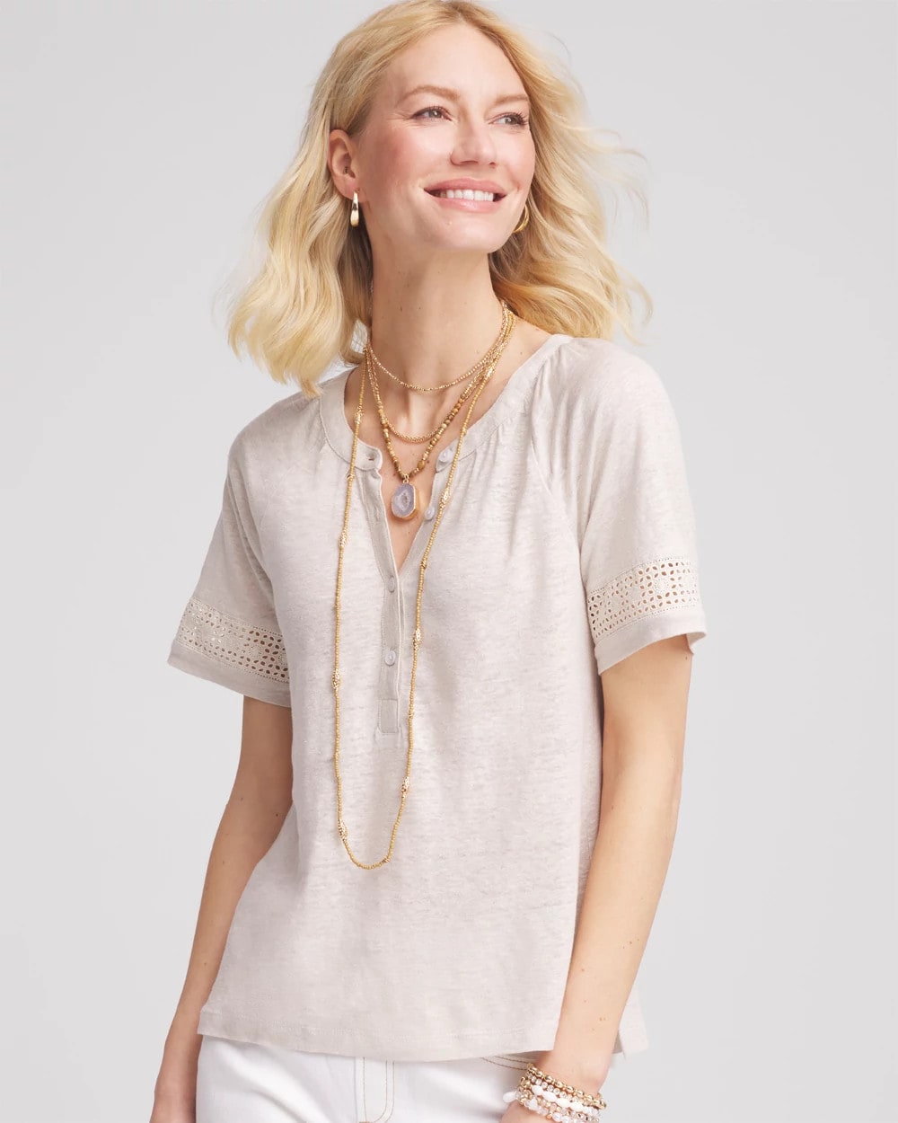 Chico's / Linen Lace-Cutwork Sleeve Henley Tee