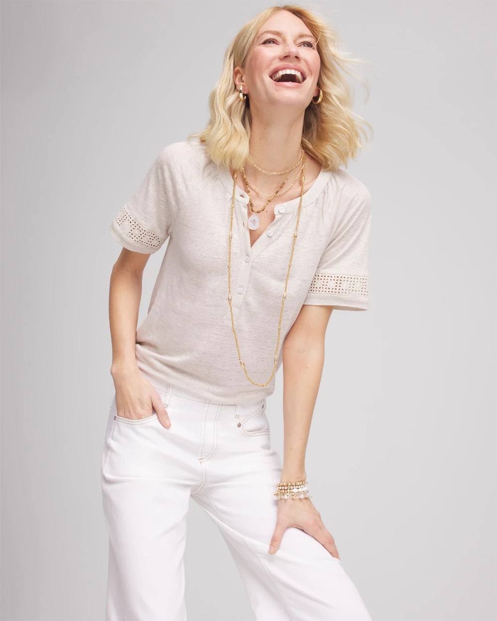 Chico's / Linen Lace-Cutwork Sleeve Henley Tee