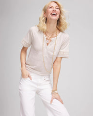 Chico's / Linen Lace-Cutwork Sleeve Henley Tee