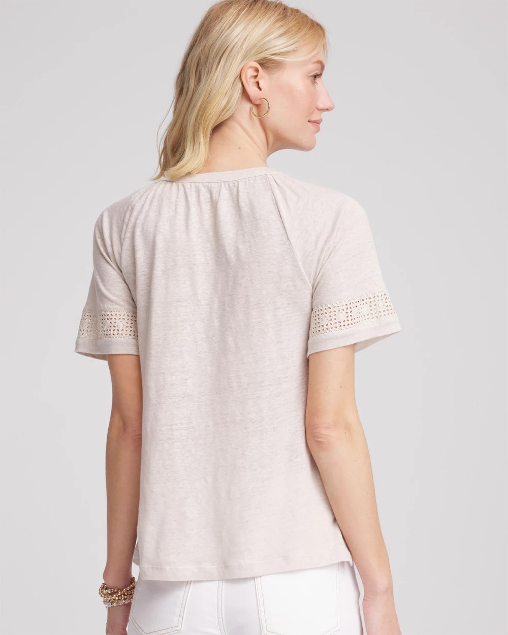 Chico's / Linen Lace-Cutwork Sleeve Henley Tee