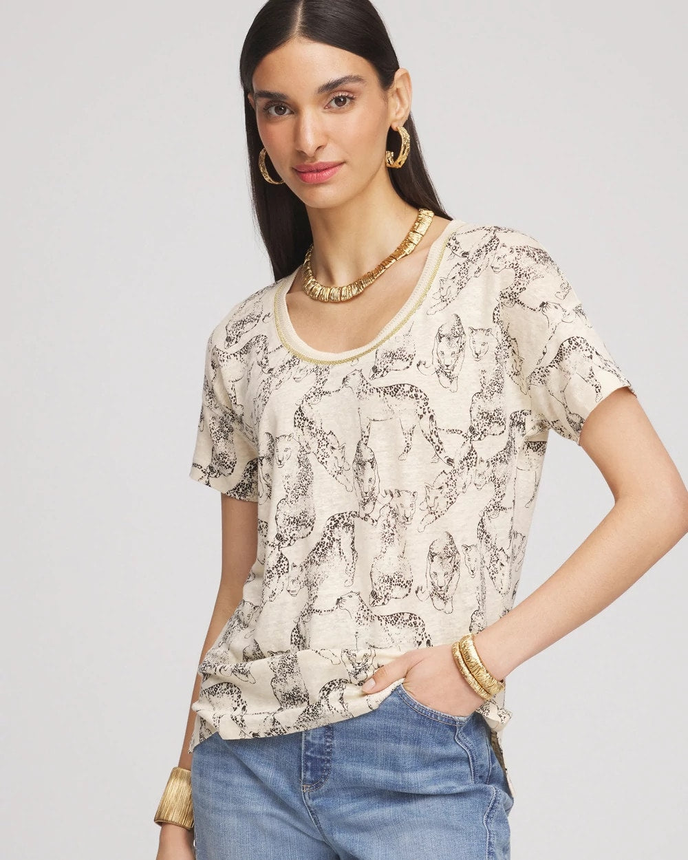 Chico's US - Panther Sweater-Trim Linen Tee