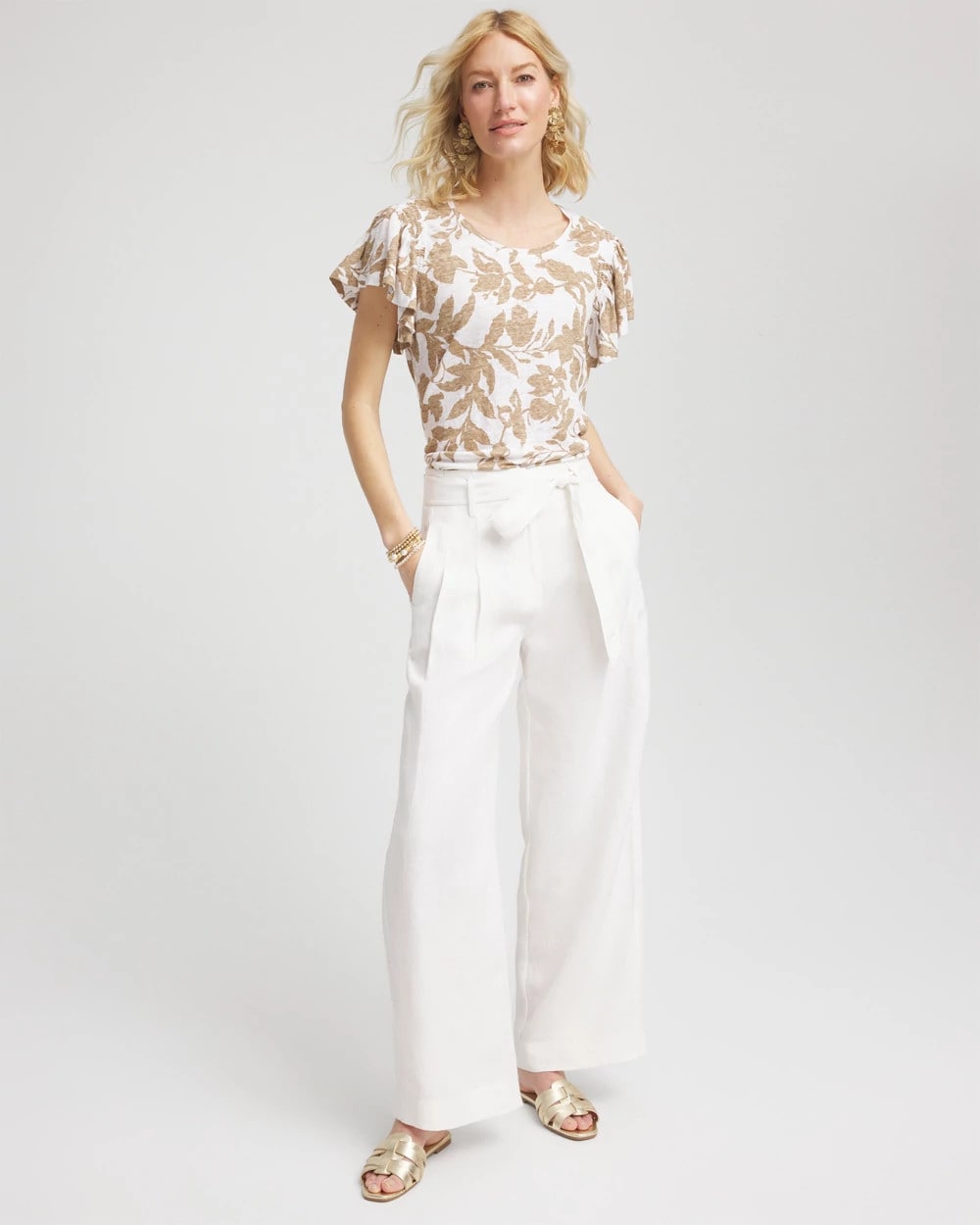 Chico's / Linen Leaf Print Flutter Sleeve Tee