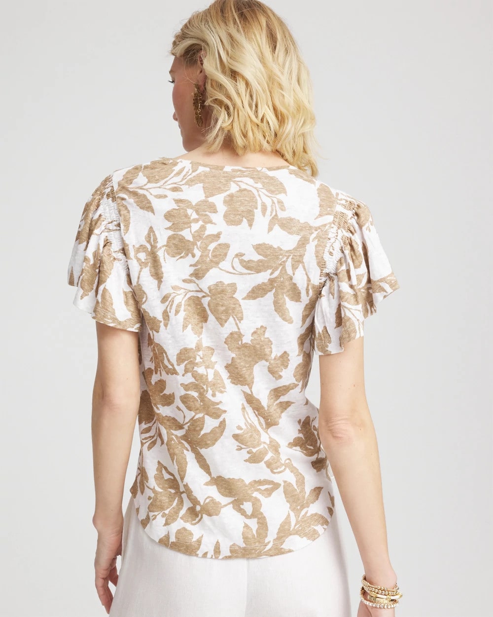 Chico's / Linen Leaf Print Flutter Sleeve Tee