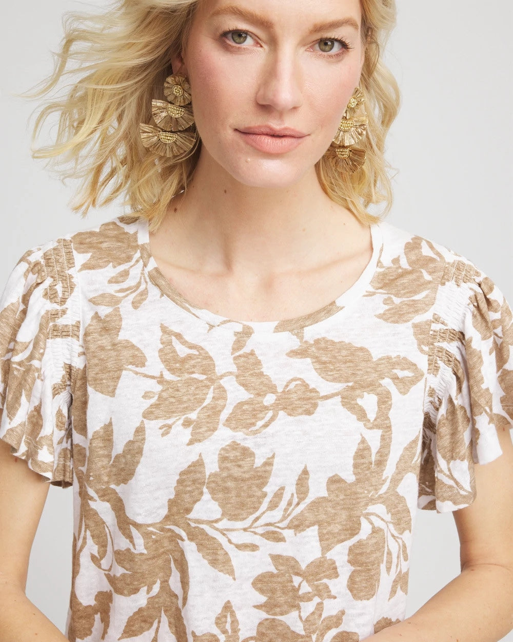Chico's / Linen Leaf Print Flutter Sleeve Tee