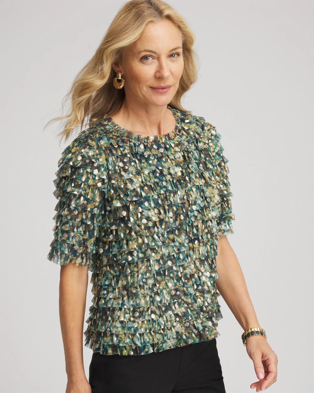 Chico's / Foiled Mesh Ruffle Crop Tee