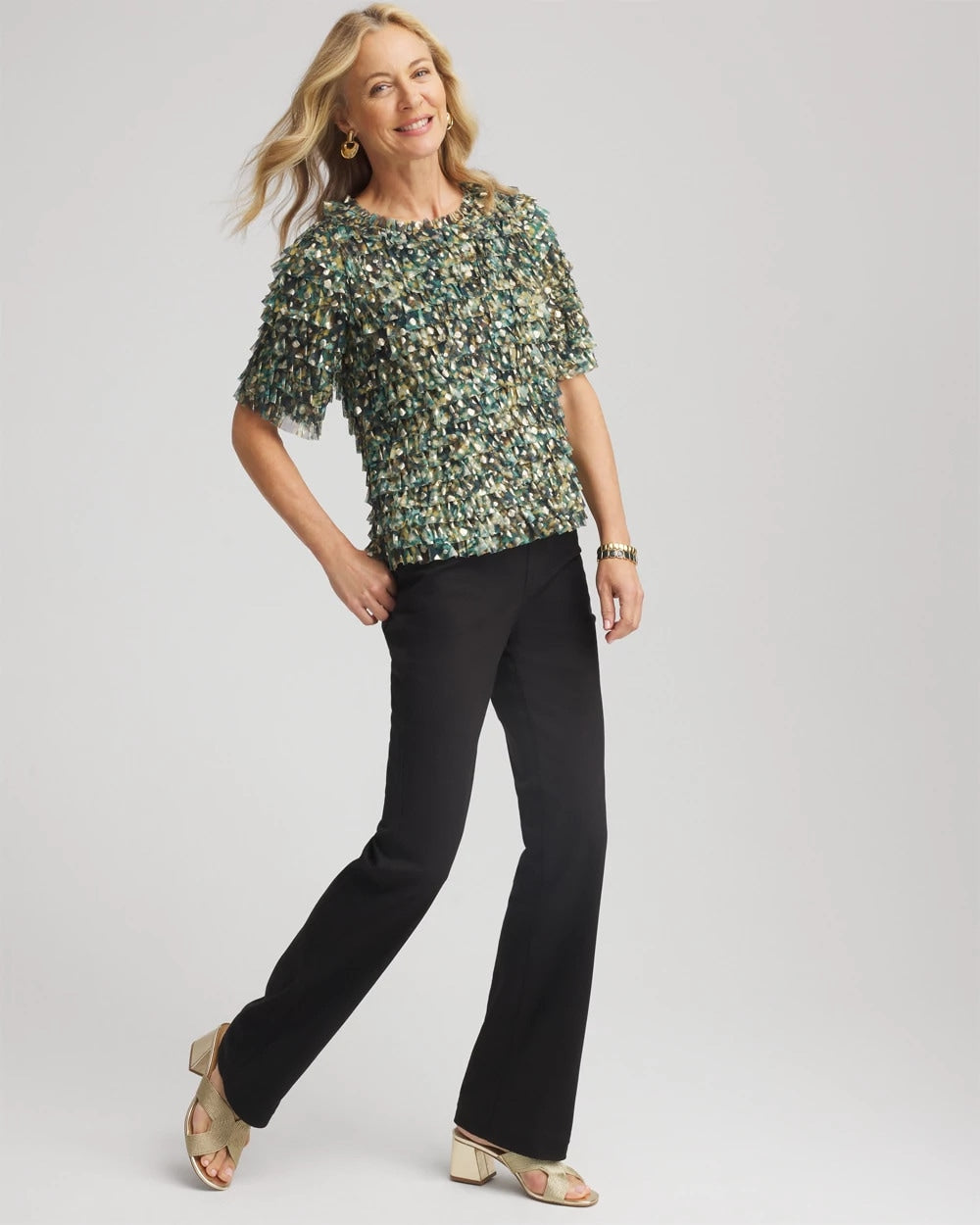 Chico's / Foiled Mesh Ruffle Crop Tee