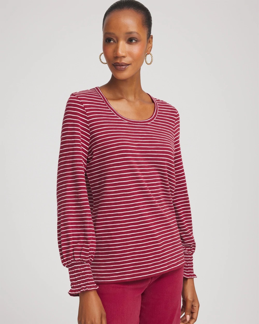 Chico's Outlet - Smocked-Sleeve Cotton-Slub Tee