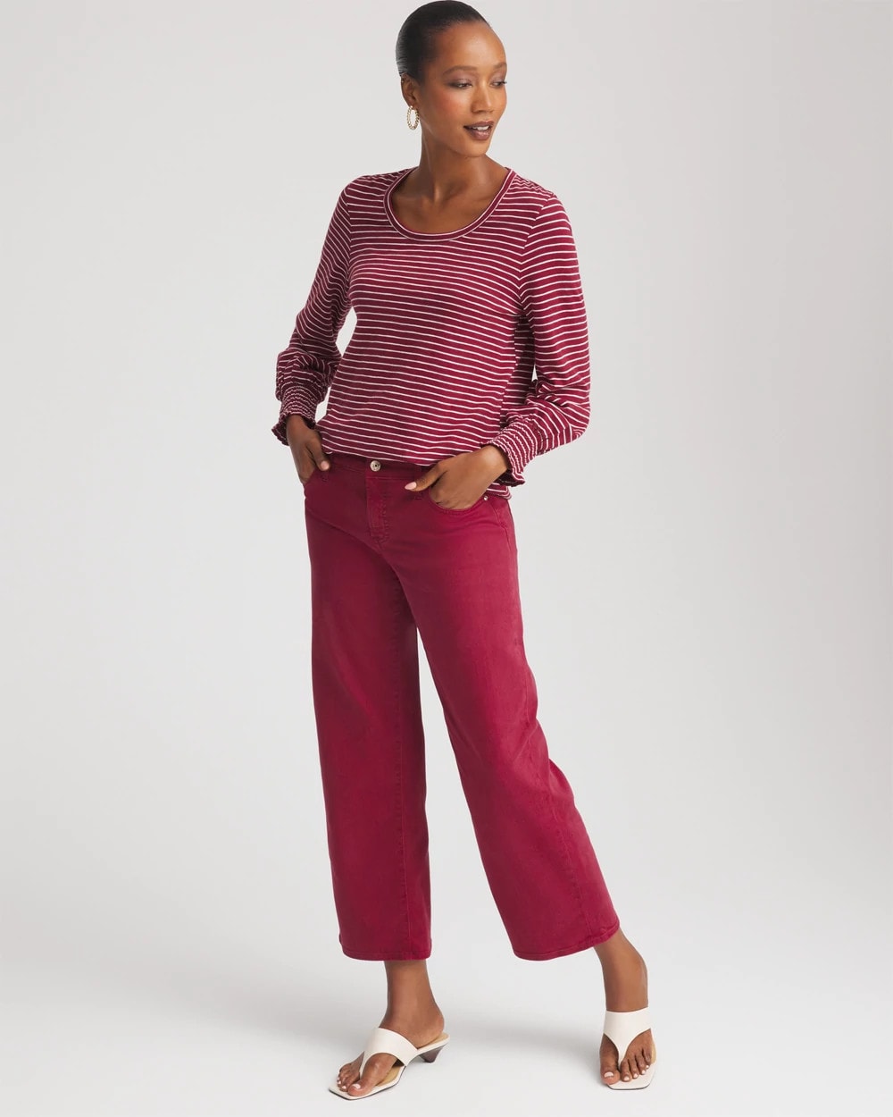 Chico's Outlet - Smocked-Sleeve Cotton-Slub Tee