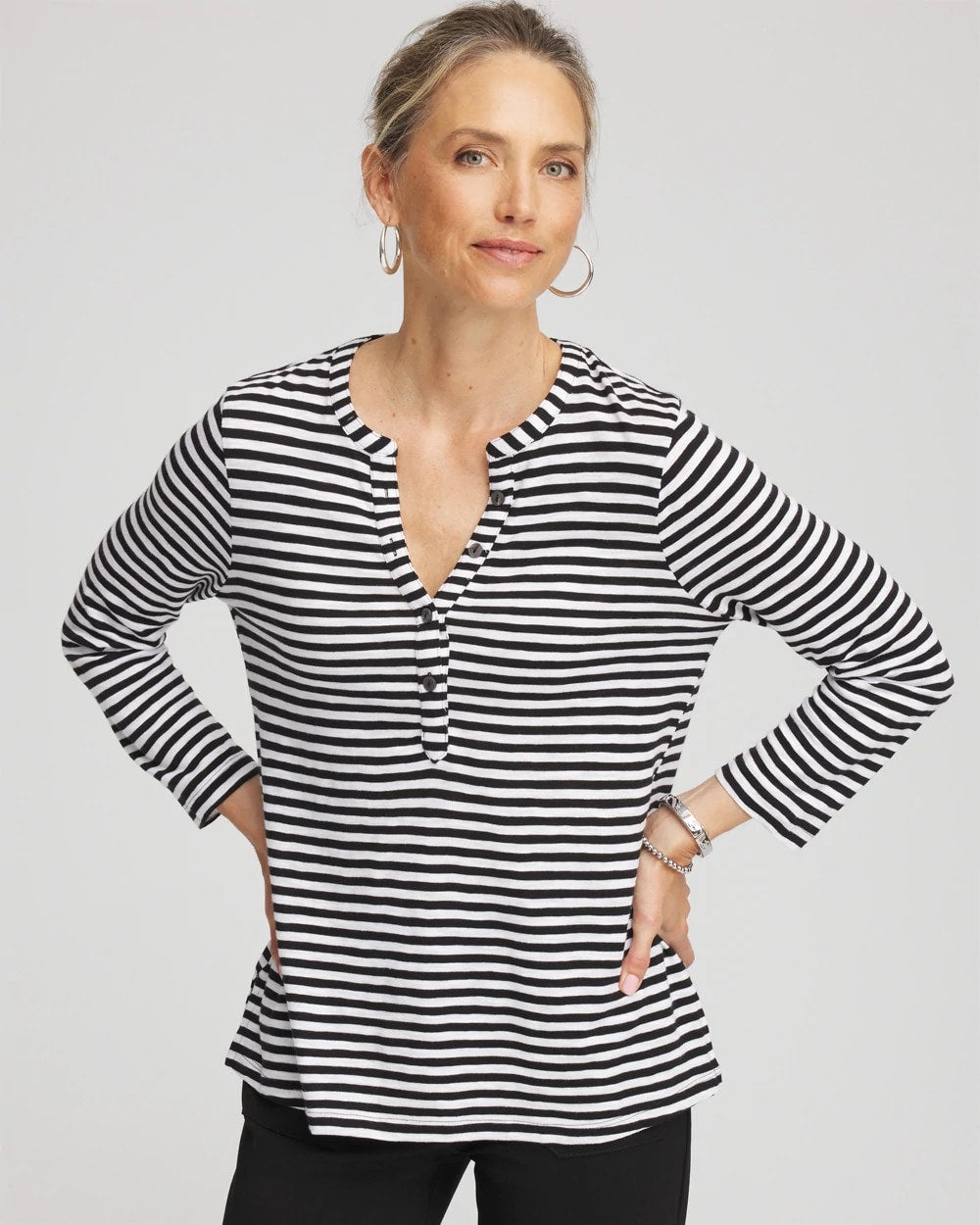 Chico's / Striped Slub Splitneck Henley Tee
