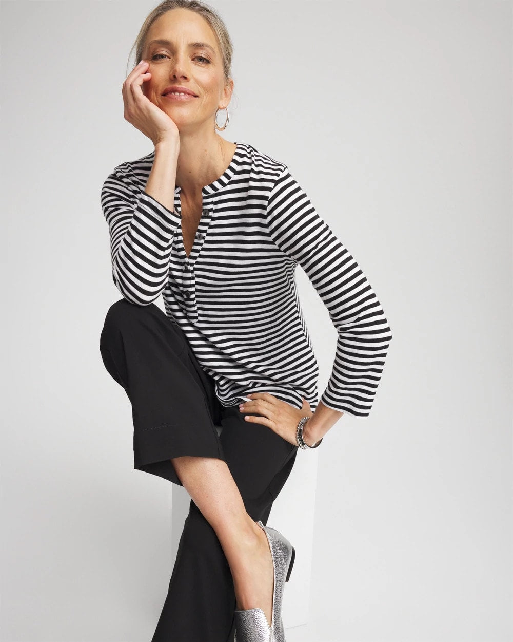 Chico's / Striped Slub Splitneck Henley Tee