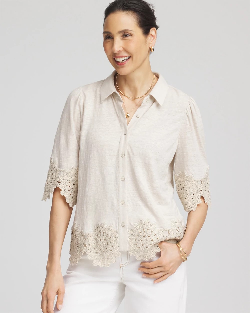 Chico's On Sale - Crochet Trim Linen Shirt