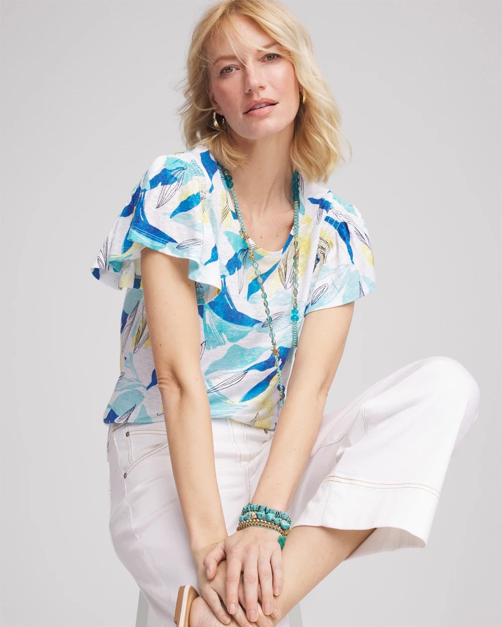 Chico's For Sale - Linen Smocked Flutter-Sleeved Tee