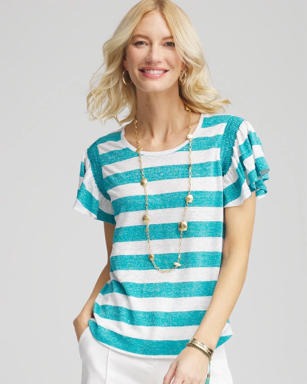 Chico's Outlet - Linen Metallic Striped Flutter-Sleeve Tee