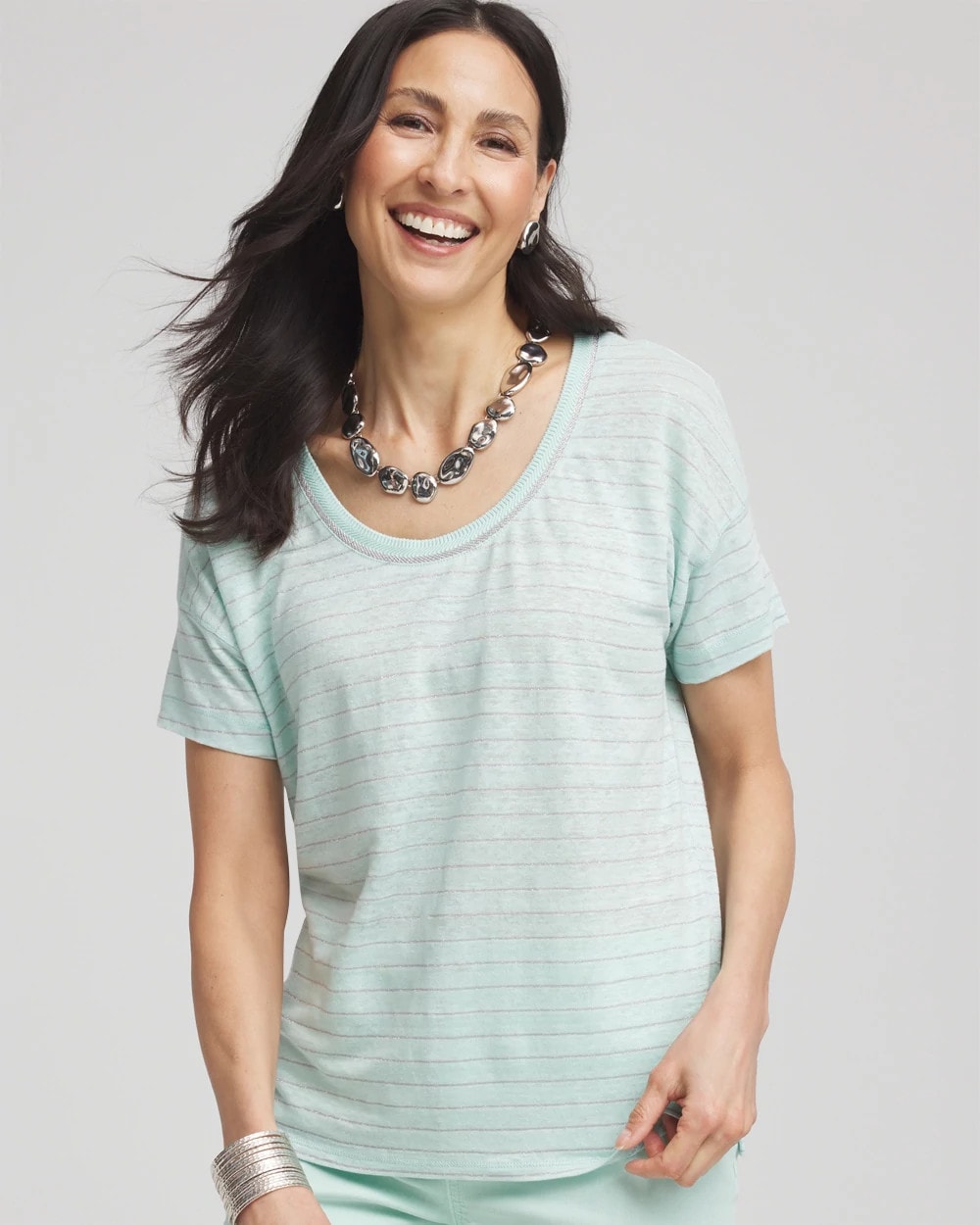 Chico's US - Striped Sweater-Trim Linen Tee