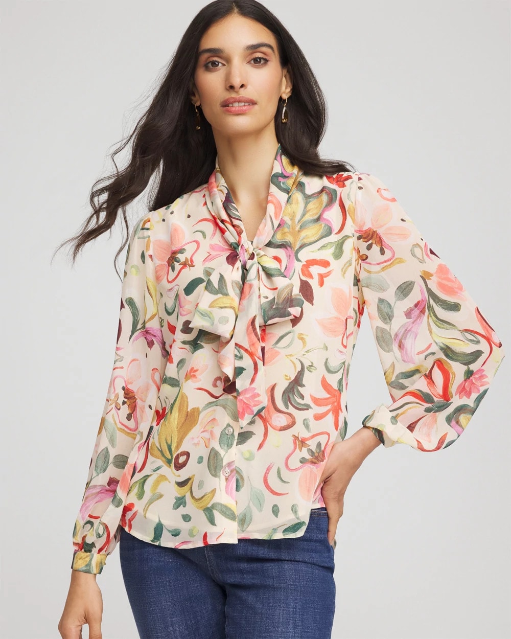 Chico's / Floral Jacquard Tie-Front Blouse