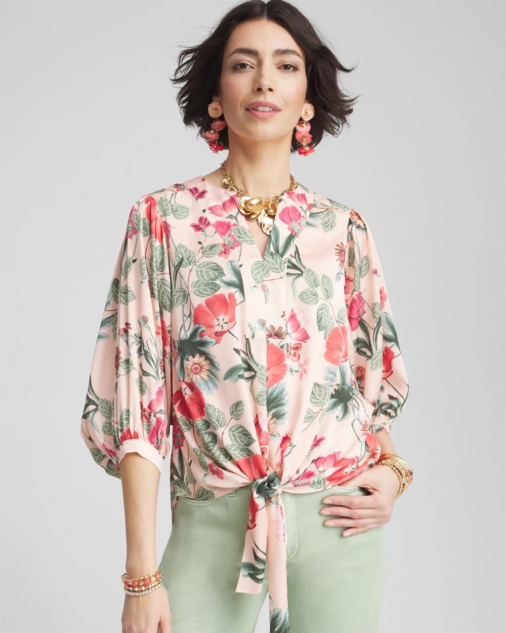 Chico's Sale - Floral Satin Tie-Front Pullover Top